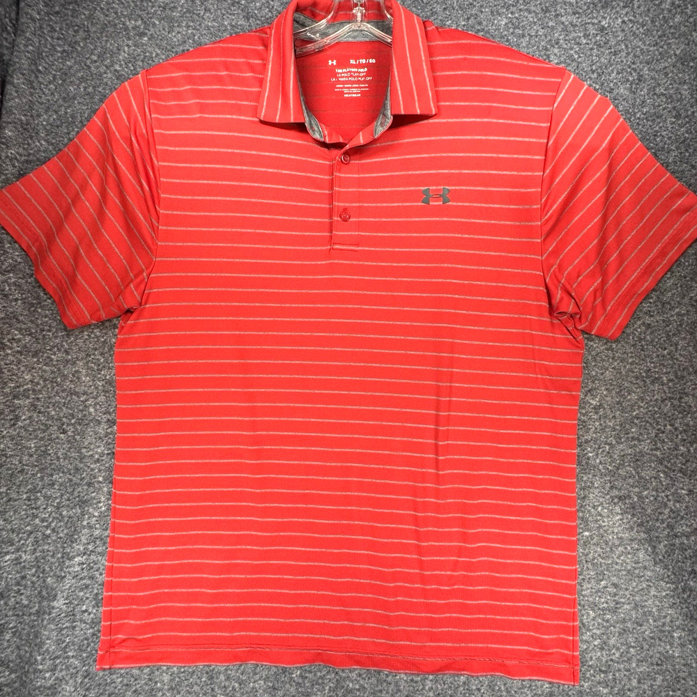 Under Armour Playoff Polo XL Red Gray Stripe Golf Shirt HeatGear Loose Fit A234
